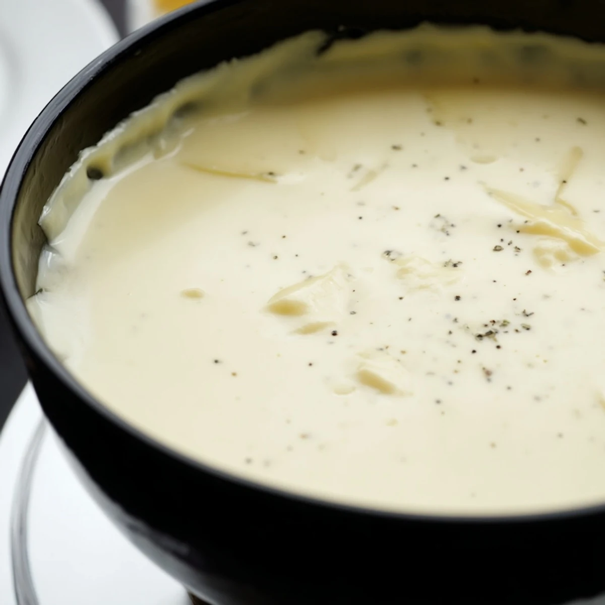Creamy cheese fondue with Gruyère and Emmental, presented with crusty bread cubes for dipping.