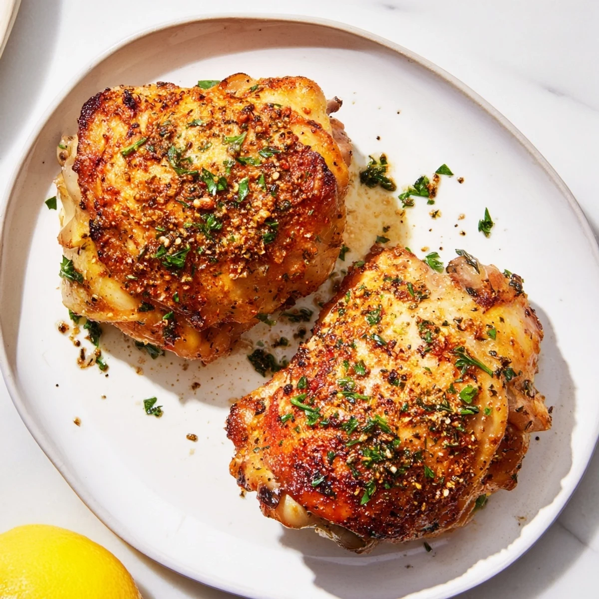 Golden-brown baked chicken thighs glistening with garlic, ideal alongside roasted vegetables.