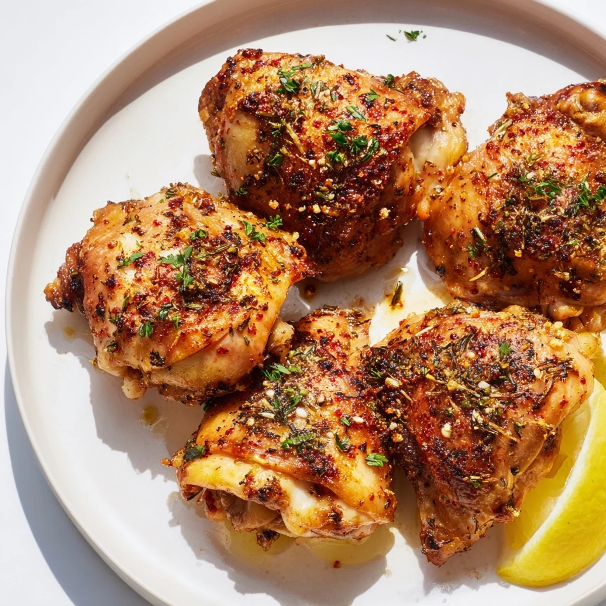 Crispy-skinned baked chicken thighs showcasing a flavorful garlic and herb marinade, ready to eat.