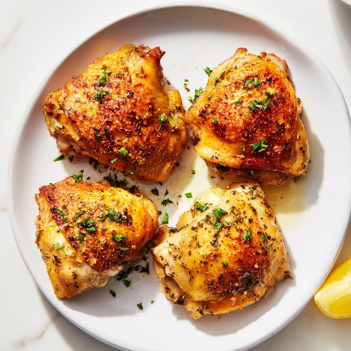 Plate of juicy baked chicken thighs, cooked to perfection, showcasing crispy skin and garlic aroma.