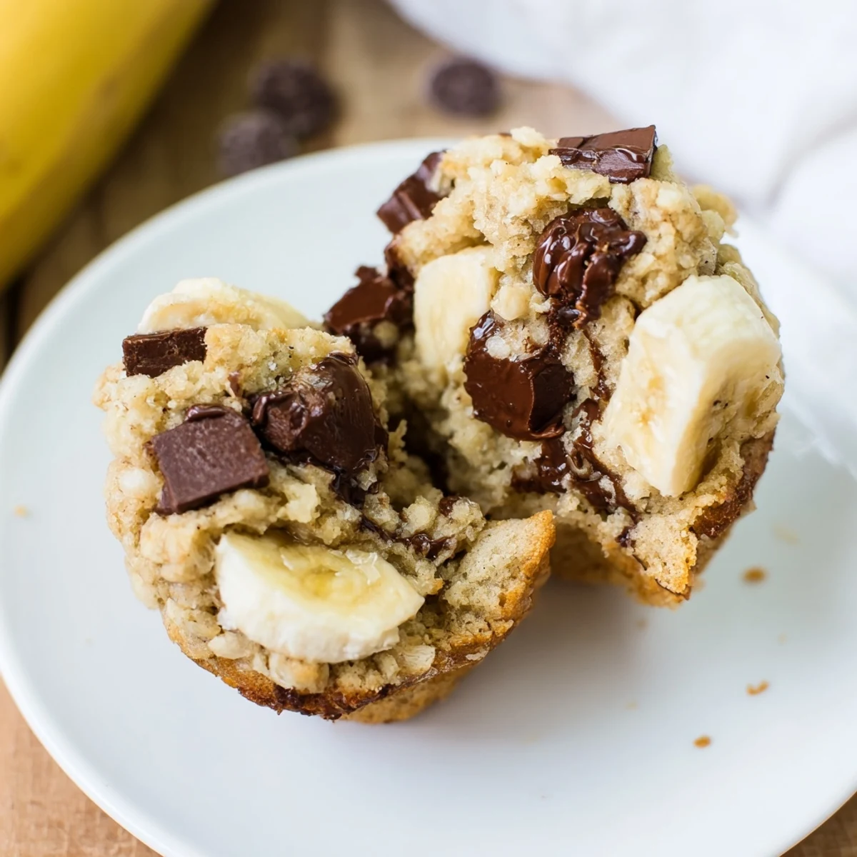 Warm chocolate chip banana muffins, golden and fluffy, ready to be enjoyed as a sweet treat.