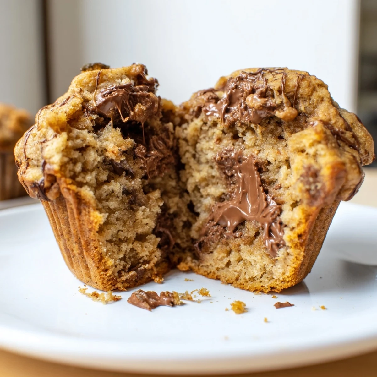 Freshly baked chocolate chip banana muffins, with melted chocolate and a tender crumb, ideal breakfast!