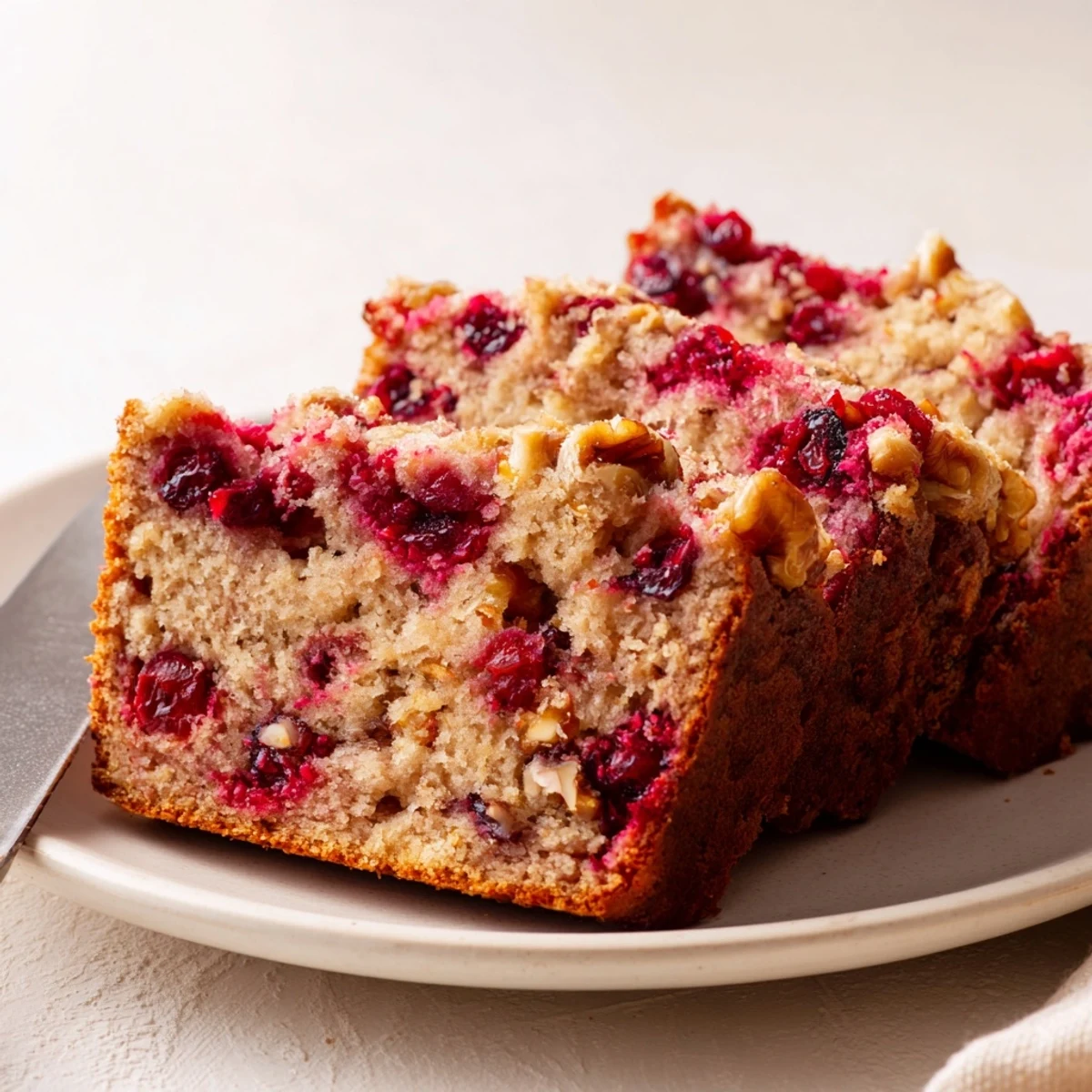 Golden-brown, delicious slices of Cranberry Bread Loaf ready for a cozy breakfast, with visible tart cranberries.