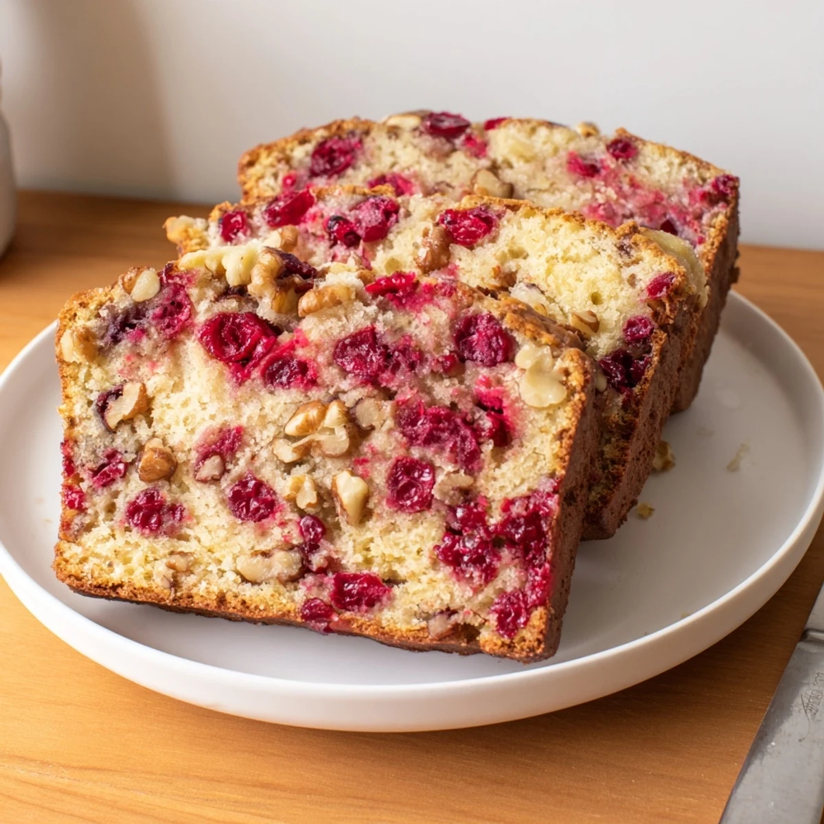 Warm Cranberry Bread Loaf on a cutting board, suggesting a slice being served alongside a cup of coffee.