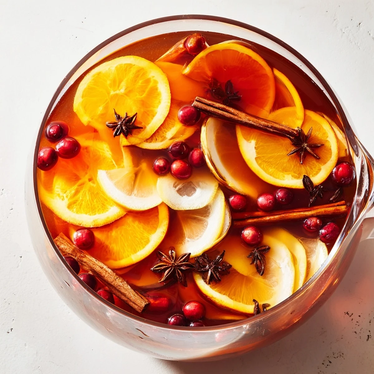 The vibrant, ruby-red spiced punch bowl, offering a comforting aroma of winter spices.