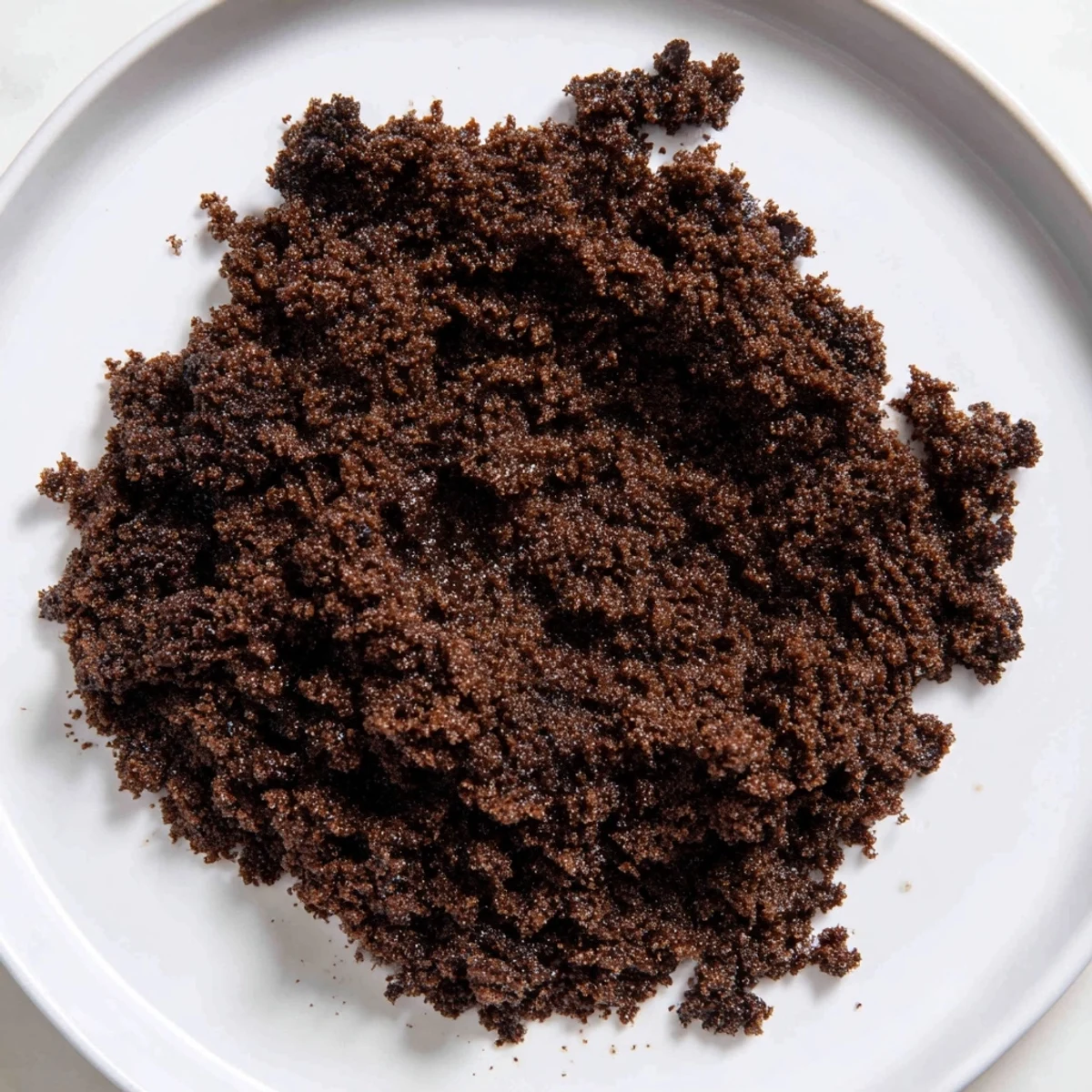 Close-up view of dark, rich chocolate cookie crumb, ready to create a delicious pie crust.