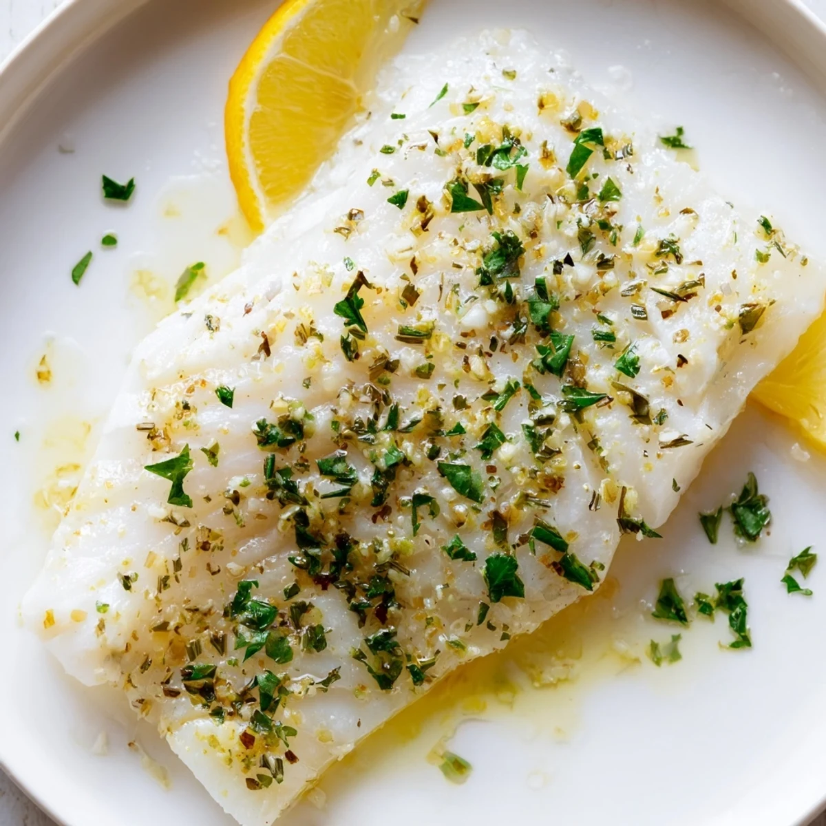 Golden-brown baked fish fillet, garnished with parsley and lemon wedges, ready to eat.
