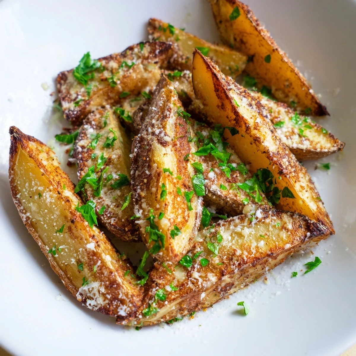Golden-brown roasted potato wedges, seasoned perfectly, are displayed on a baking sheet, ready to serve.