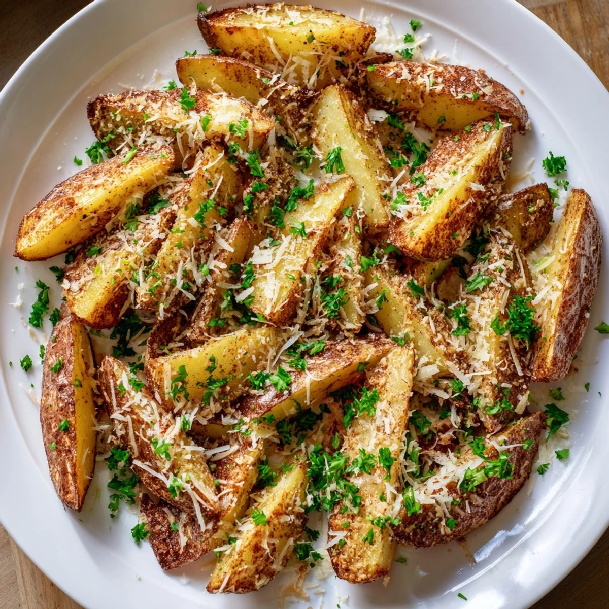 Crispy roasted potato wedges, seasoned with herbs, look delicious next to a dipping sauce, perfect for a side.