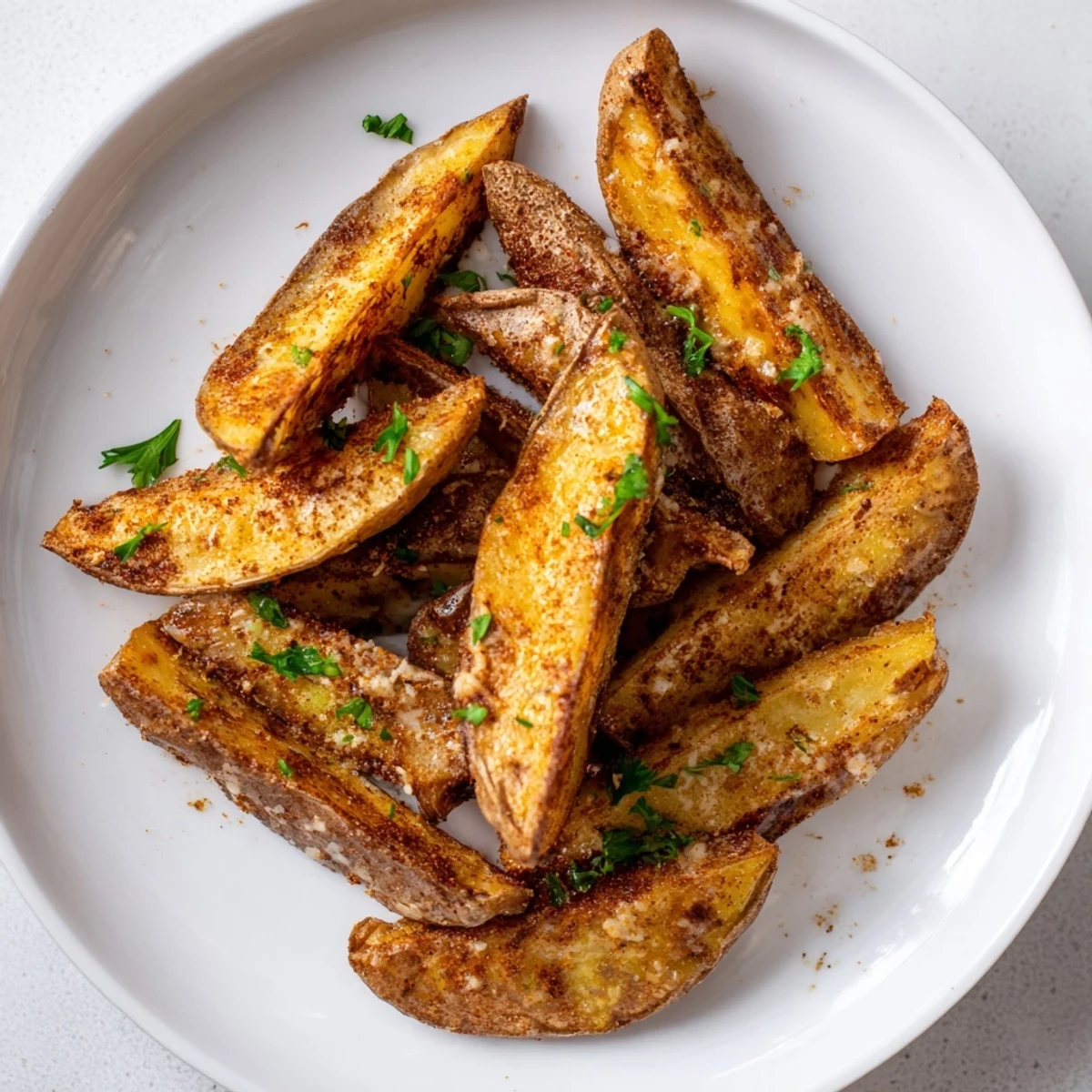 Close-up of fluffy and crispy roasted potato wedges, a simple yet flavorful American side dish.
