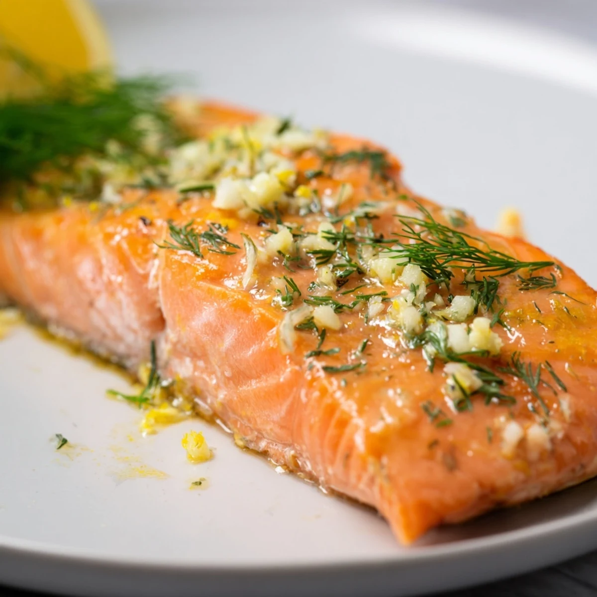 Oven-baked salmon with fresh dill, ready to serve with lemon wedges for a delicious dinner.