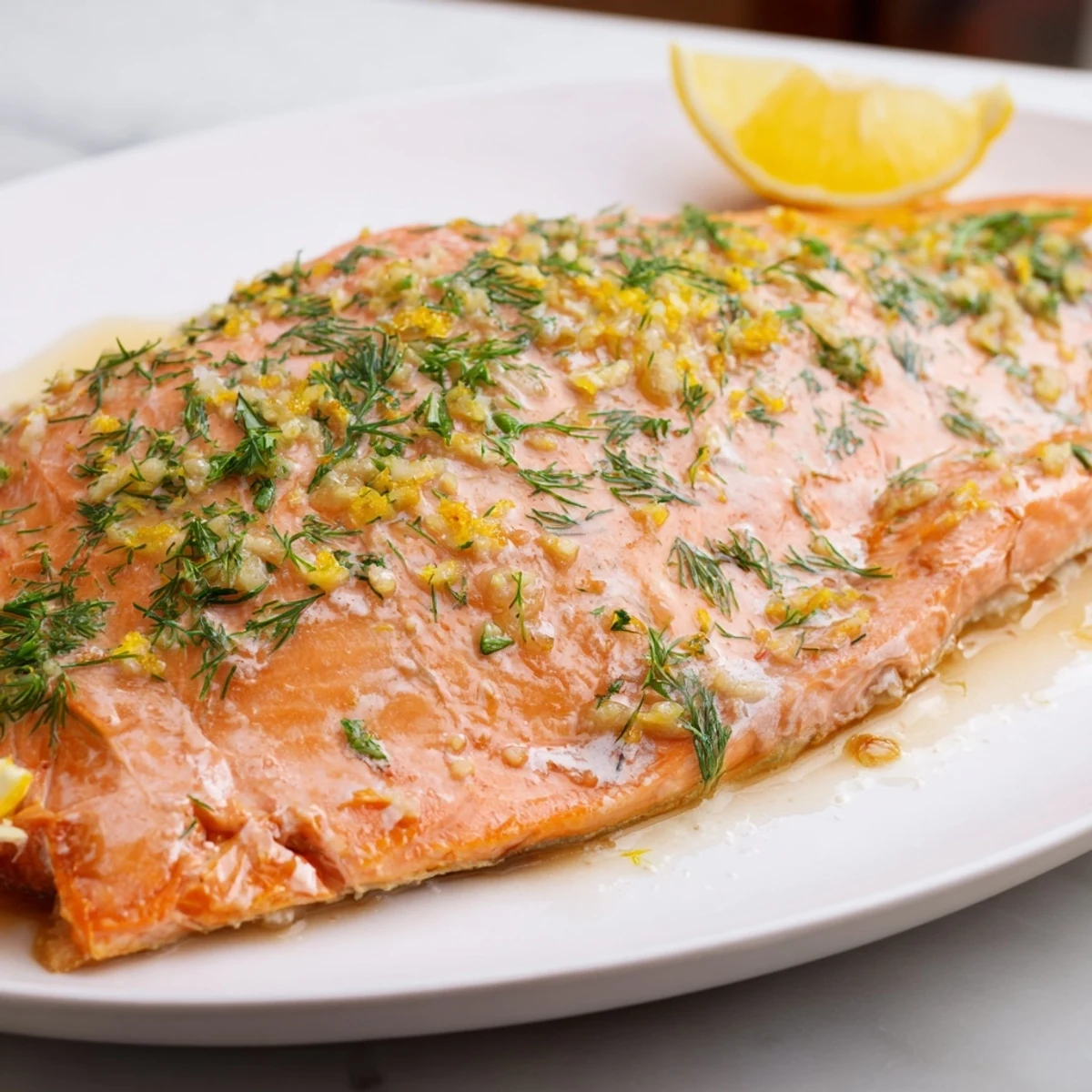 Flaky salmon with dill, glistening with the lemon-herb marinade, inviting for a flavorful bite.