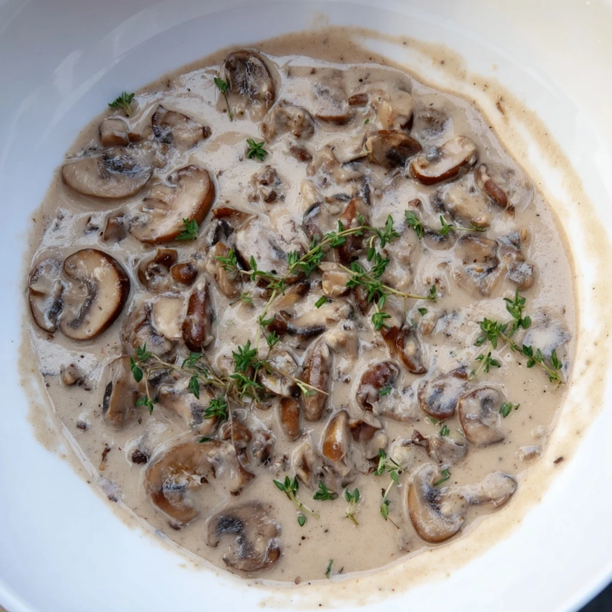 Golden brown sautéed mushrooms simmer in a rich, flavorful Mushroom Sauce, ready to pour.