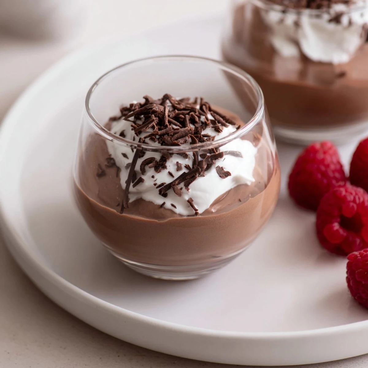 Rich, dark chocolate mousse cups, chilled and ready, garnished with fresh berries and whipped cream.