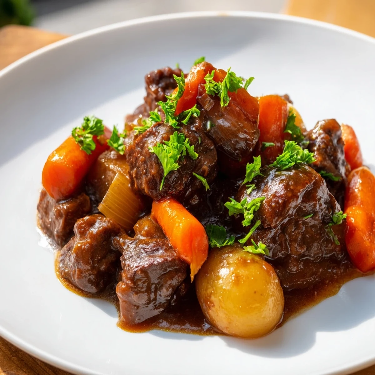 Spoonful of rich Guinness-Style Alcohol-Free Stew, highlighting the stew's dark, inviting gravy and chunky vegetables.