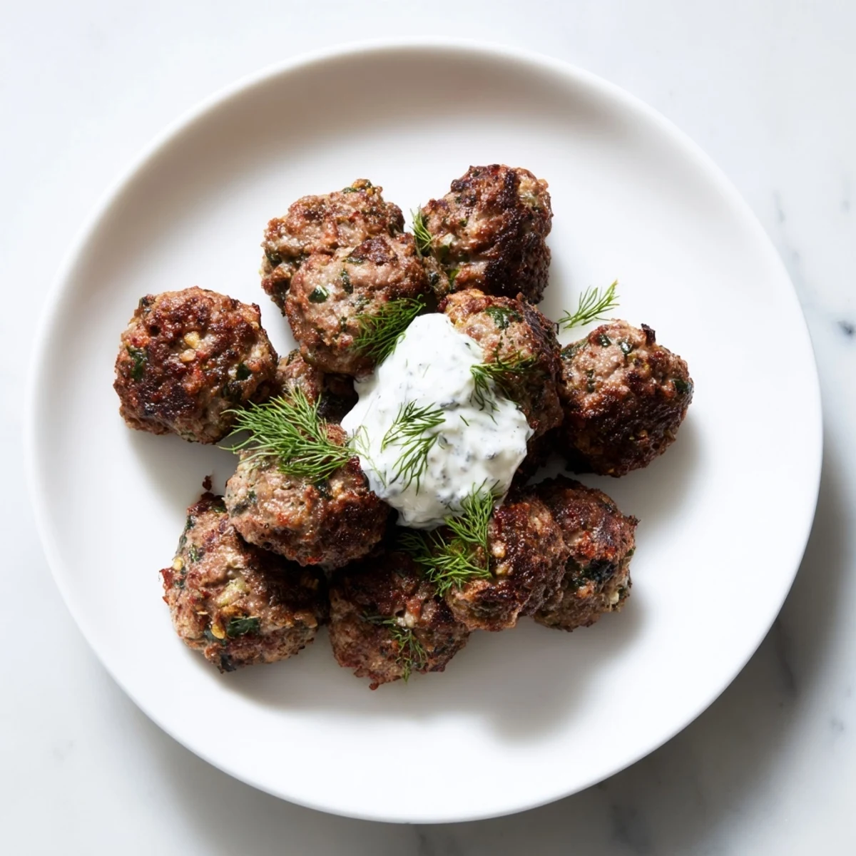 Golden brown lamb meatballs, sizzling in a pan, ready to be served with creamy yogurt sauce.