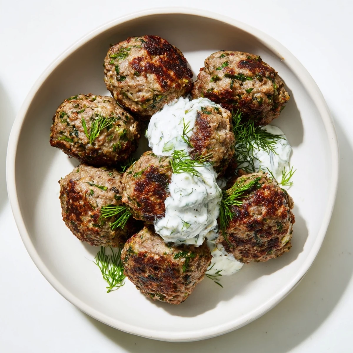 Tender lamb meatballs, pan-fried to perfection, are a delicious main dish, alongside a refreshing yogurt dip.