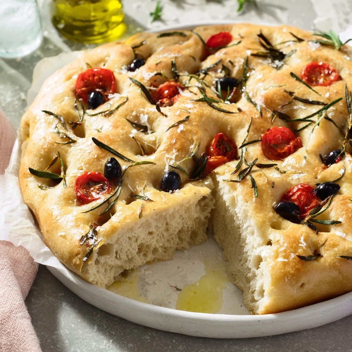 Golden, bubbly focaccia bread, baked to perfection with fragrant rosemary and coarse sea salt.