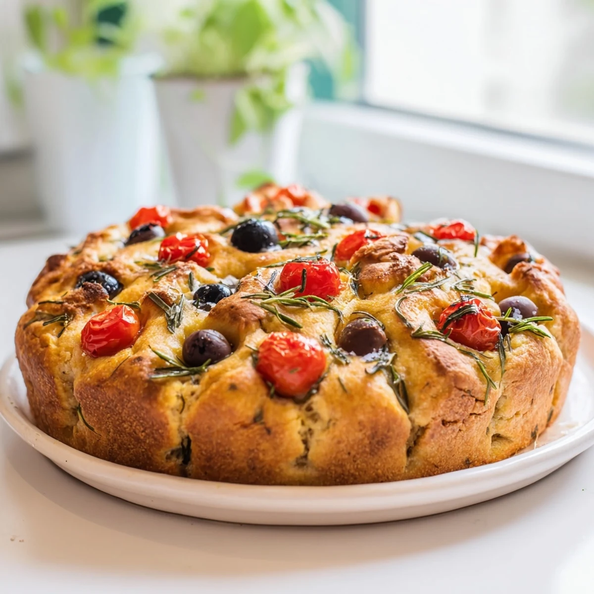 Freshly baked focaccia bread with olive oil and dimples, a delightful Italian flatbread to share.