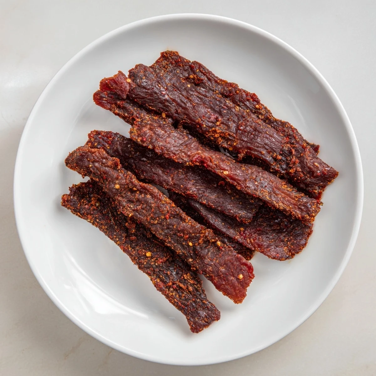 Homemade Jerky Beef, deeply flavorful with a rich, dark color and seasoned to perfection.