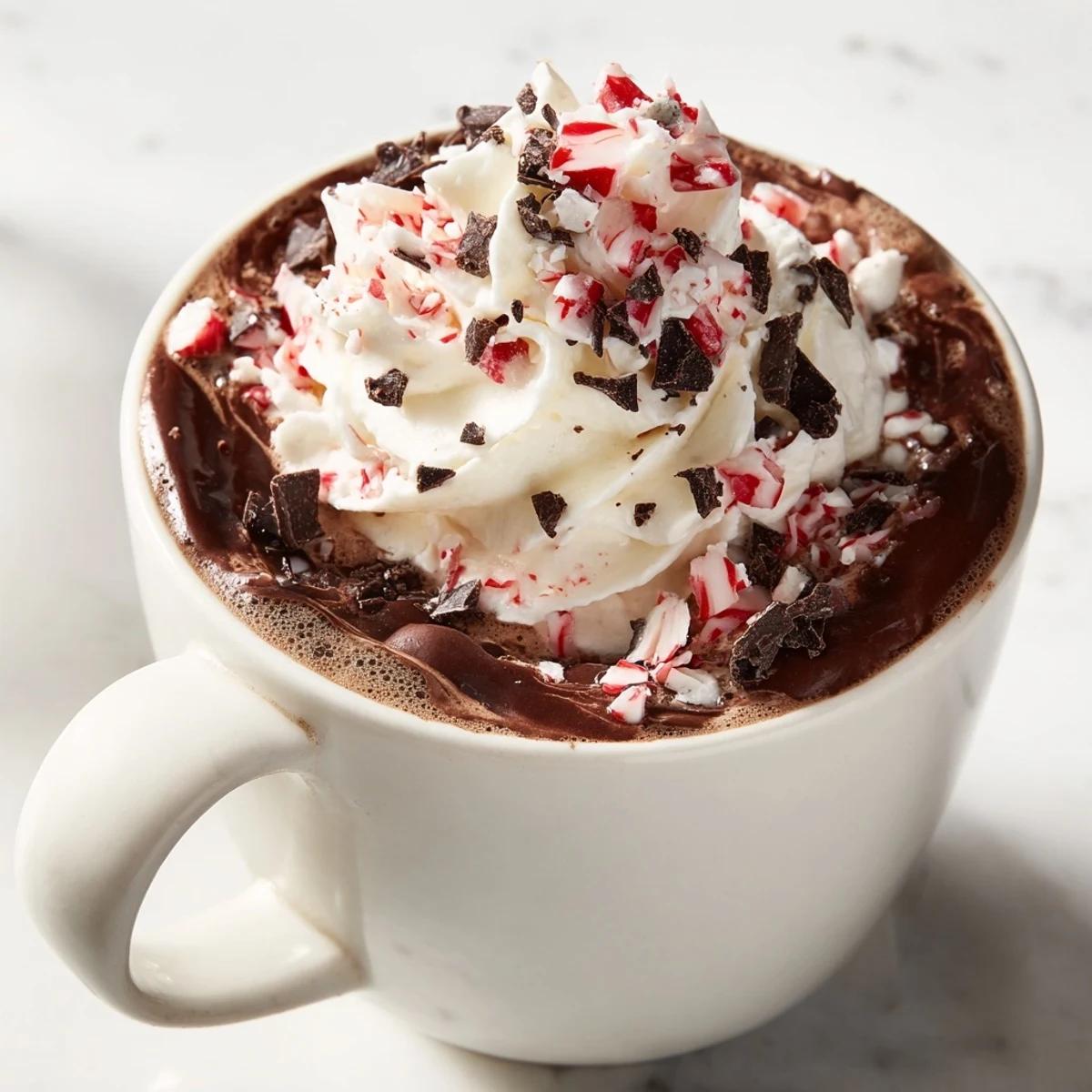 Steaming mug of homemade Mocha Peppermint, topped with whipped cream and crushed candies, ready to enjoy.