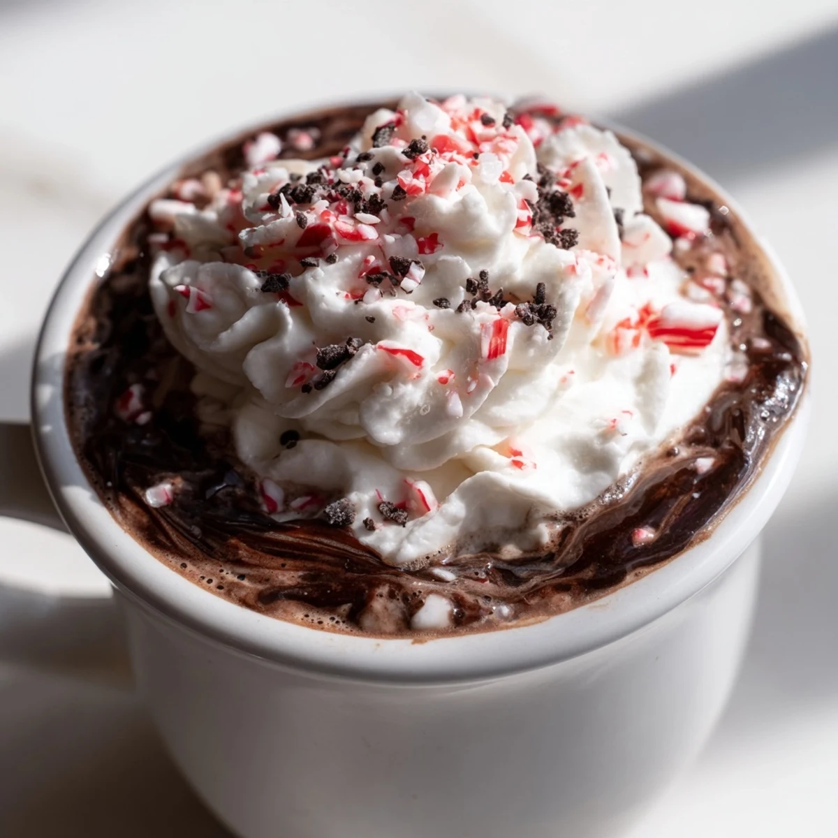 Delicious Mocha Peppermint beverage with a swirl of whipped cream, perfect comforting drink for chilly days.
