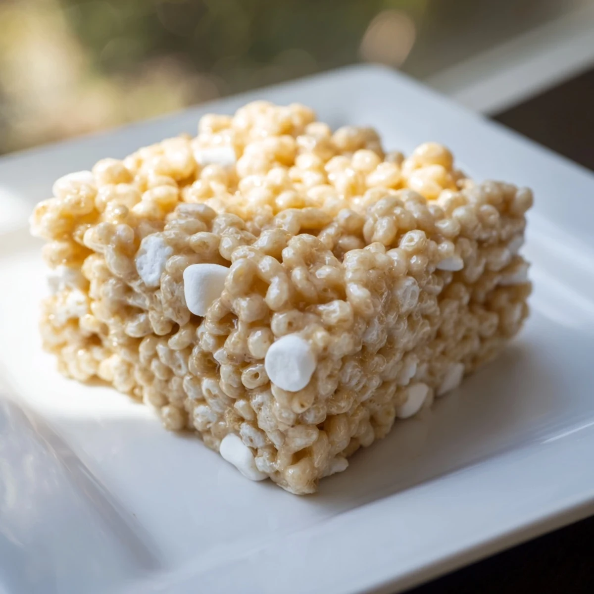 Homemade Crispy Rice Treats: A close-up view of perfectly cut squares with marshmallow texture.