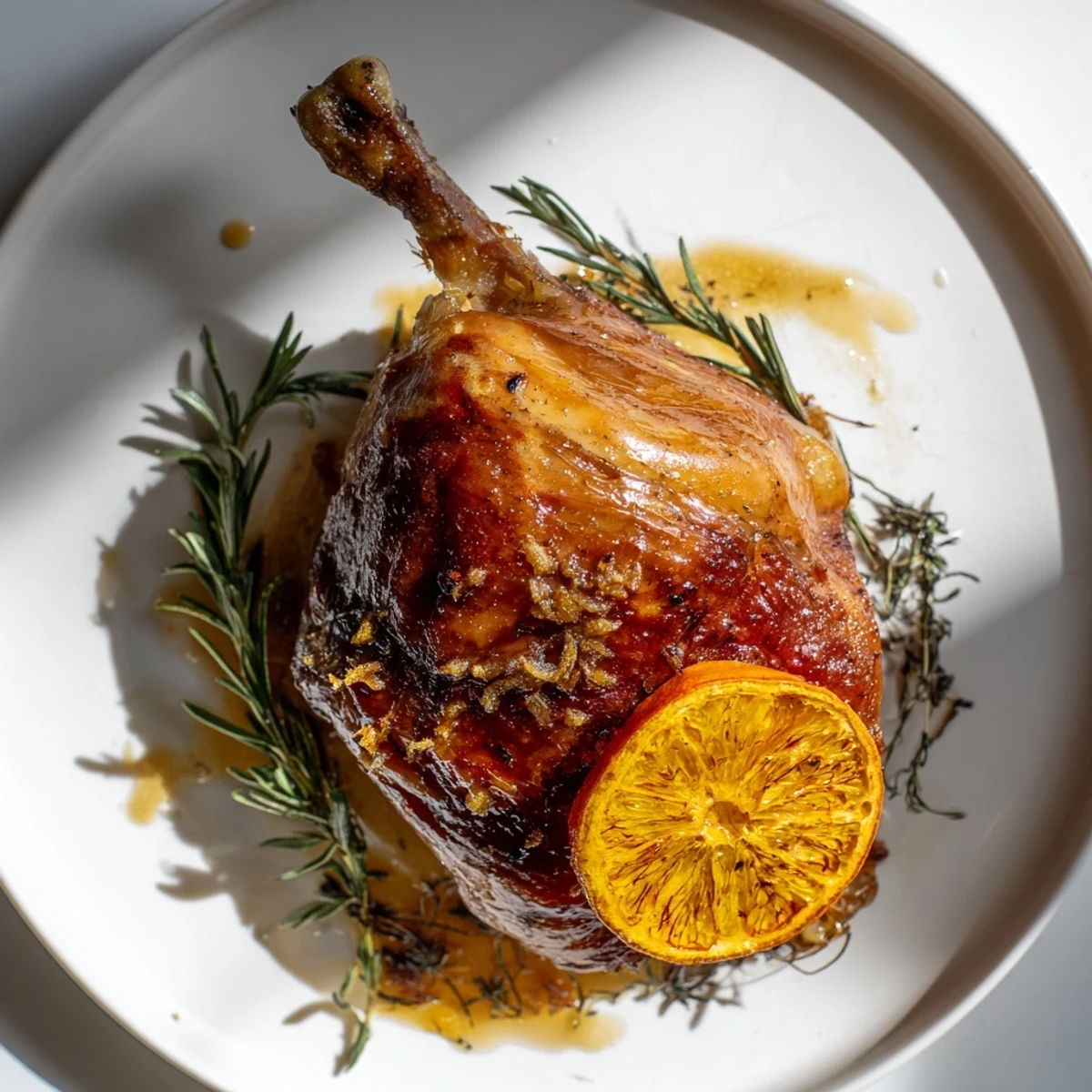 Golden-brown duck roast, beautifully roasted with citrus herbs, a flavorful main dish centerpiece.