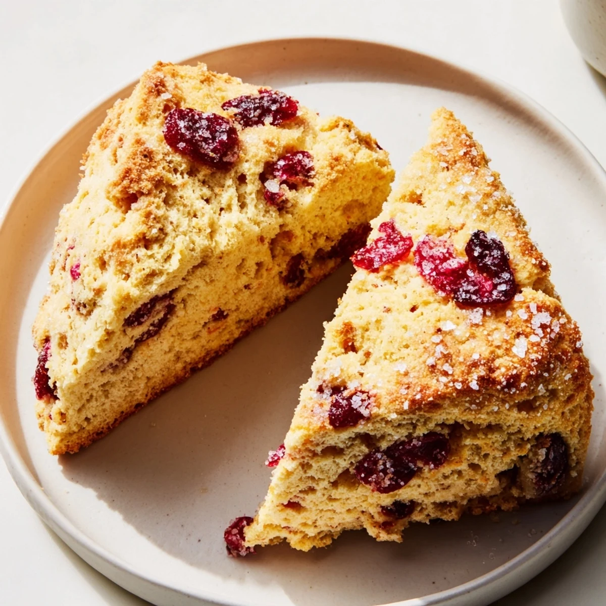 Buttery, flaky cranberry scones, freshly baked with tart cranberries, waiting to be served.