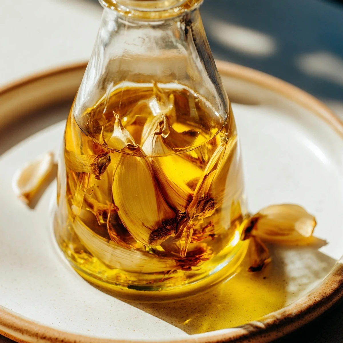 Golden garlic cloves infusing into olive oil, creating flavorful garlic-infused oil for drizzling.