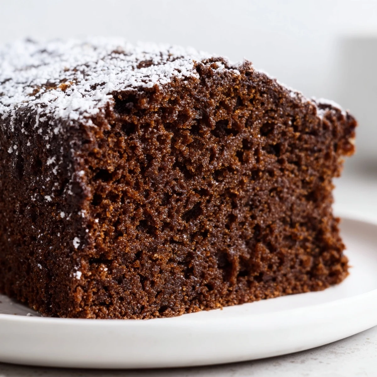 Beautifully textured traditional gingerbread, served with a dusting of powdered sugar, looks delicious.