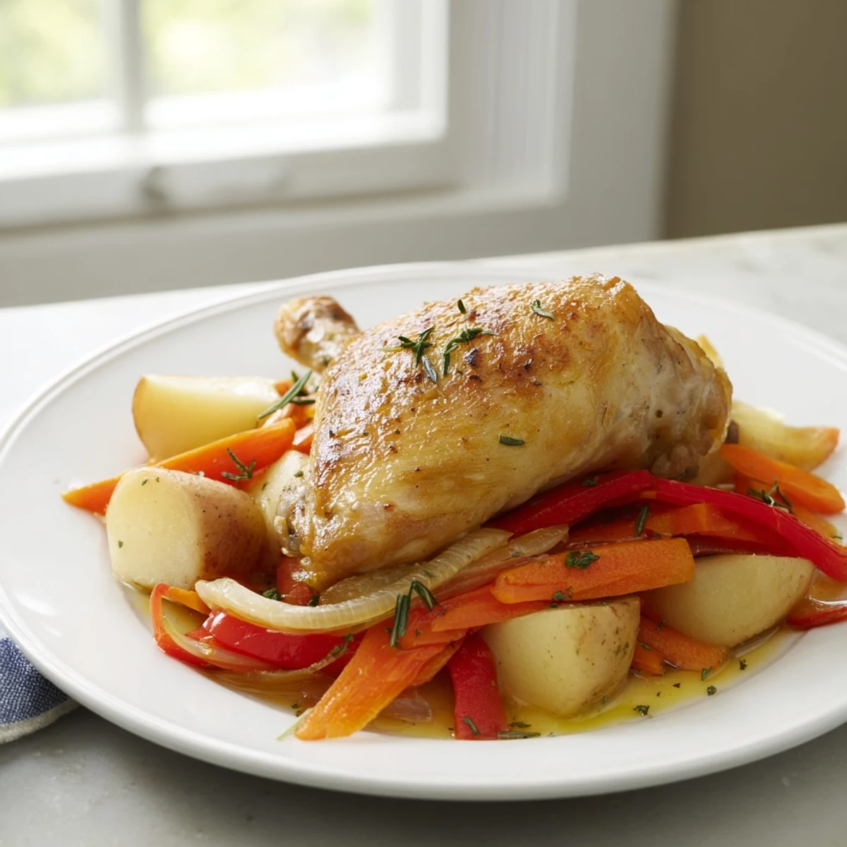 A close-up of a flavorful Baked Chicken with Herbs and Vegetables, cooked until tender and juicy.