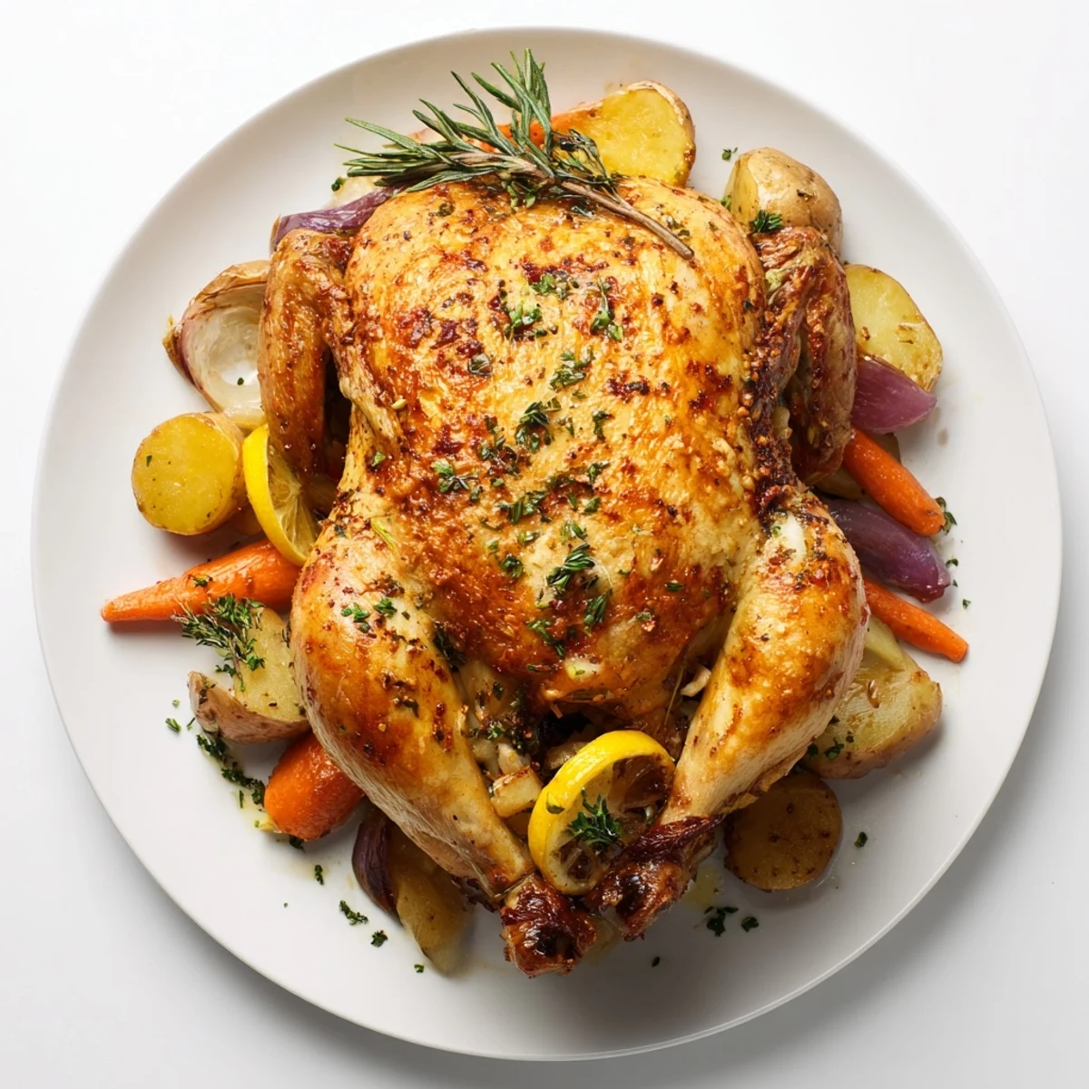 Golden, crispy Roast Chicken with Herbs, nestled among roasted carrots and potatoes, ready to serve.