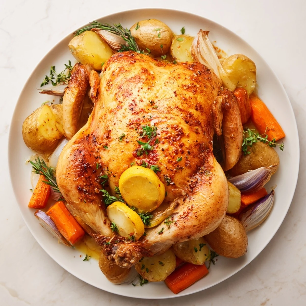 Juicy, herb-roasted Roast Chicken with caramelized vegetables, a comforting and flavorful family dinner.