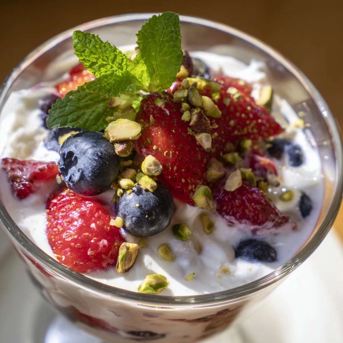 Goodness Creamy dessert, a layered parfait with vibrant berries and creamy, vanilla-infused texture.