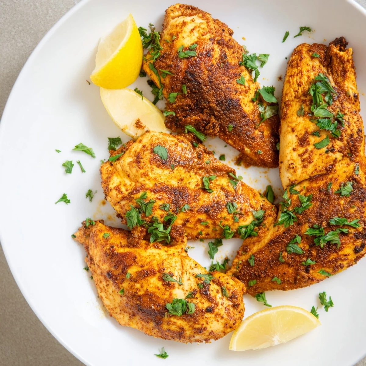 Flavor Spiced Chicken, cooked until golden brown in a skillet, ready to serve with lemon wedges.
