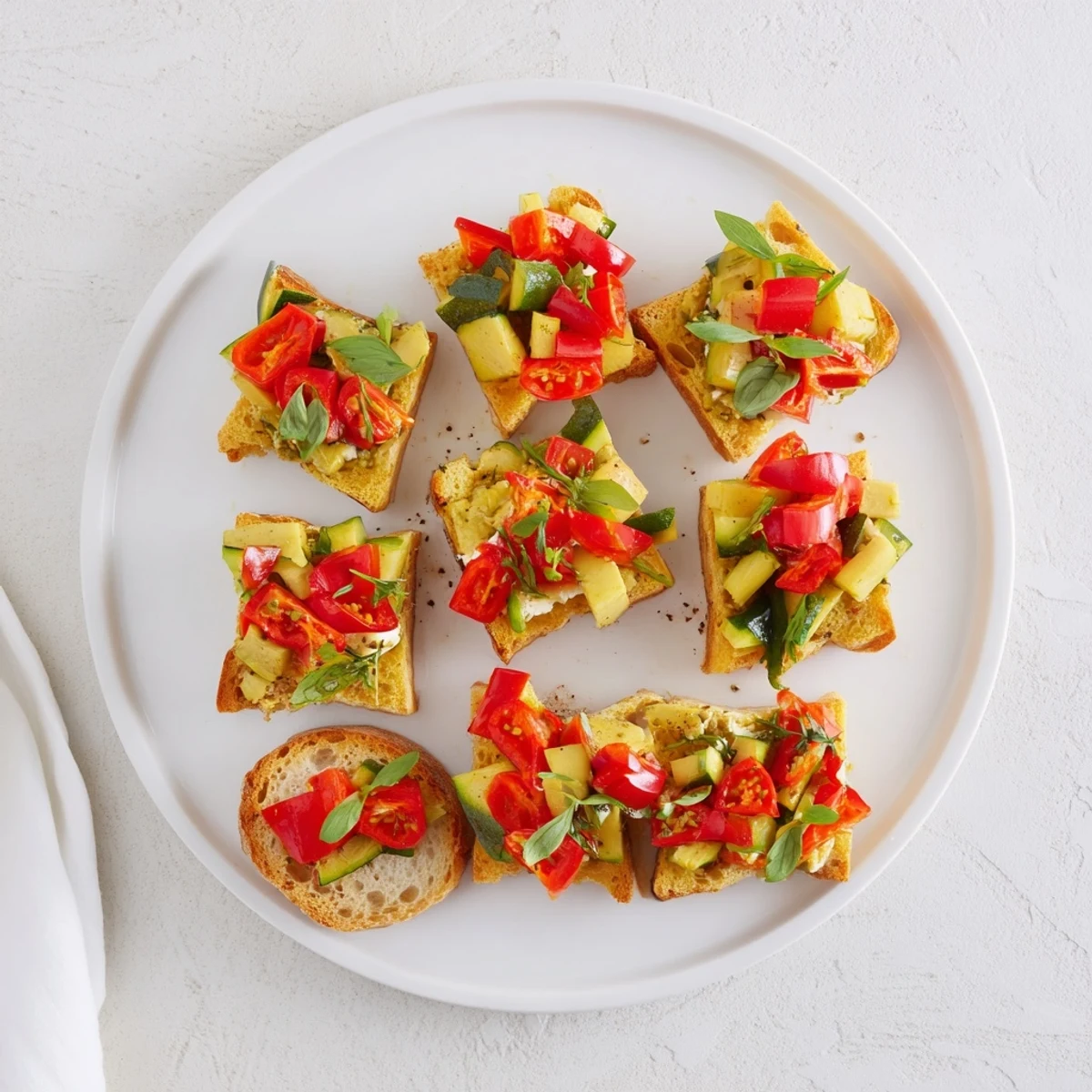 A close-up of appealing Bite Savory appetizers—crisp baguette, flavorful pesto, and vibrant tomatoes—ready to serve guests.