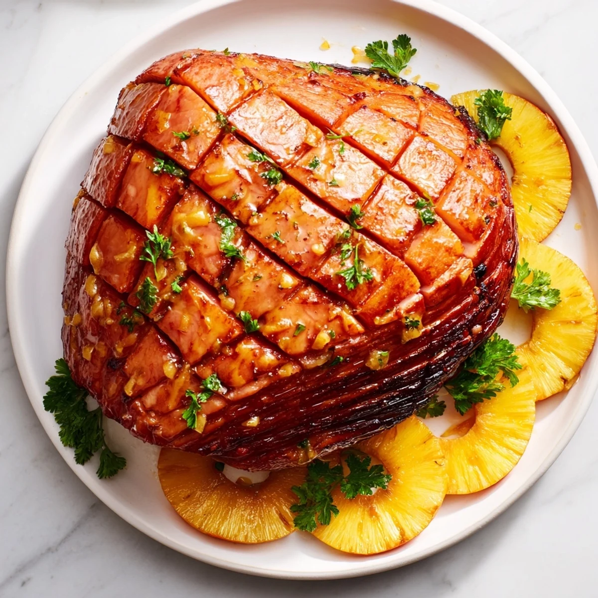 Close-up of glistening glazed turkey ham, a mouthwatering main dish for dinner.
