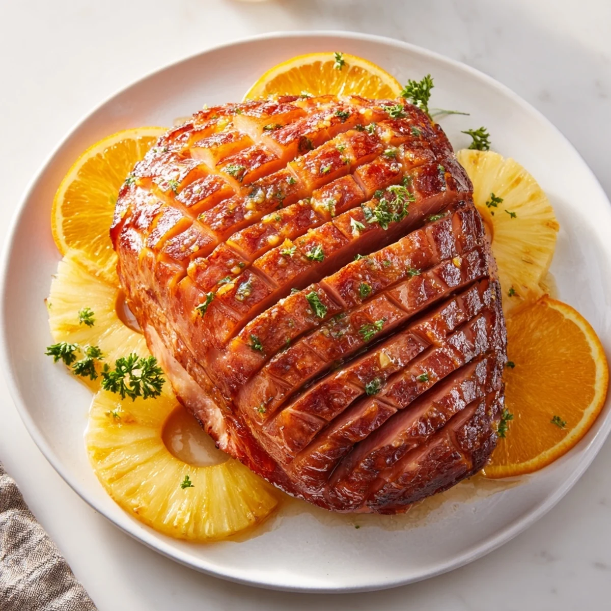 Golden-brown, glazed turkey ham ready to serve, perfect for a special family meal.
