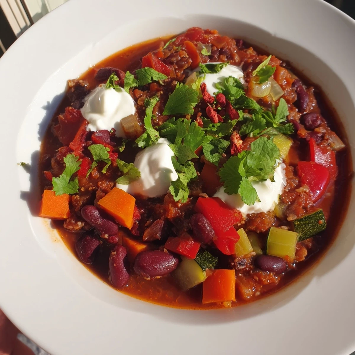 Close-up of a steaming bowl of vegetarian chili, with visible beans and diced vegetables, ready to eat.