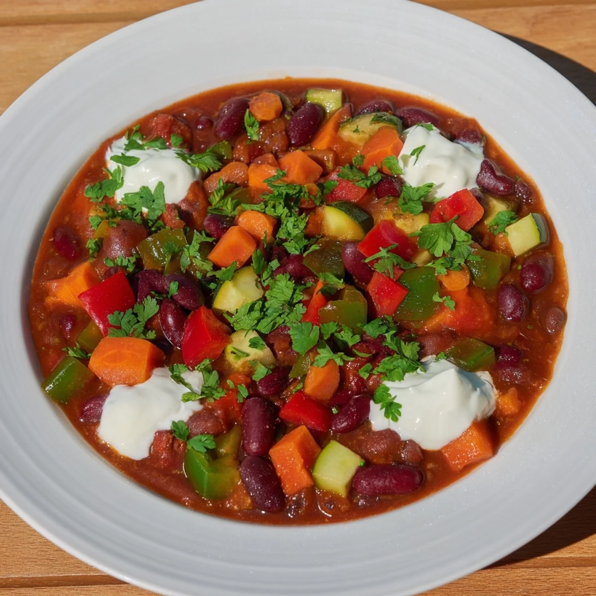 Warm bowl of vegetarian chili topped with fresh cilantro, a flavorful and hearty meal.