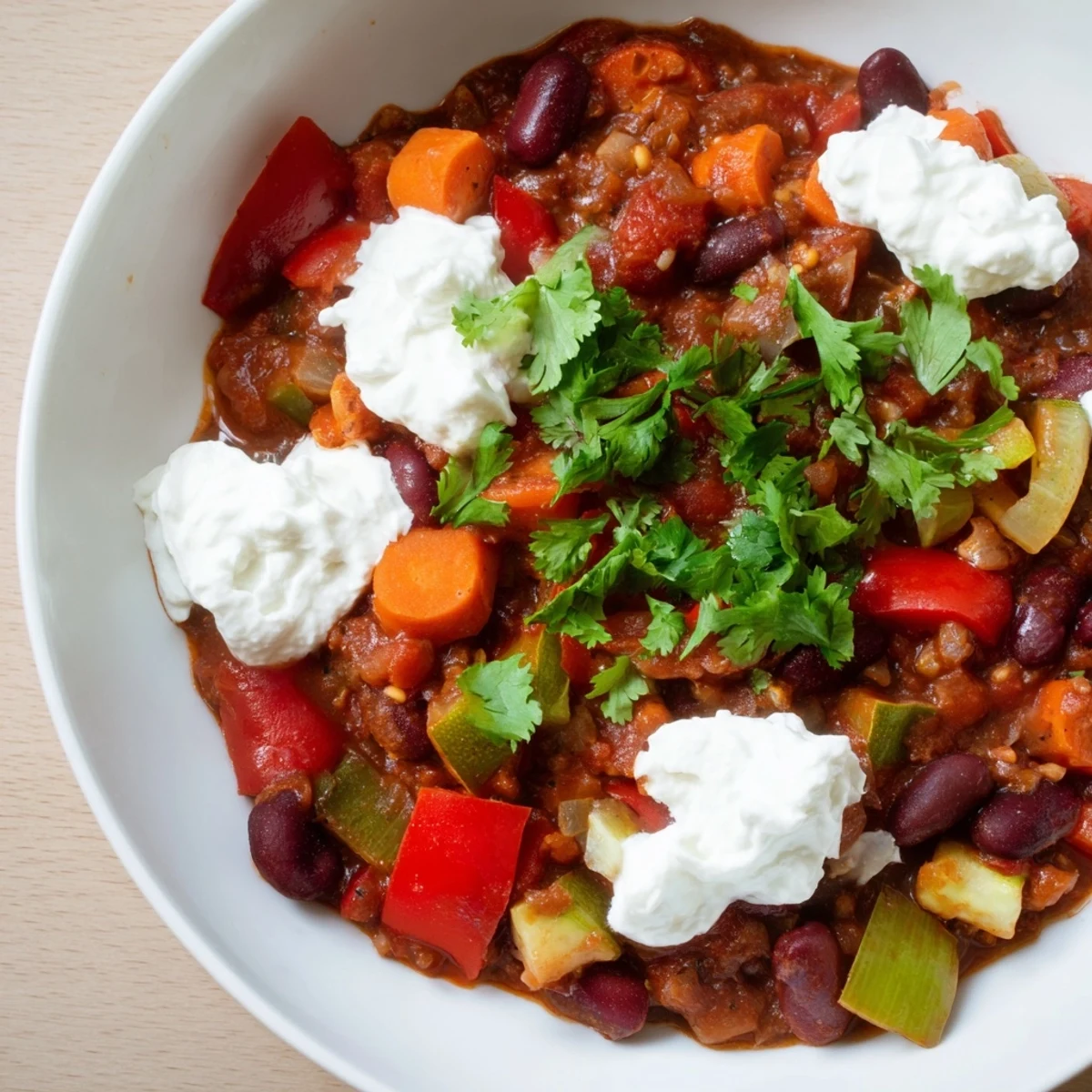 Delicious vegetarian chili simmering in a pot with vibrant vegetables—perfect for a cozy weeknight dinner.