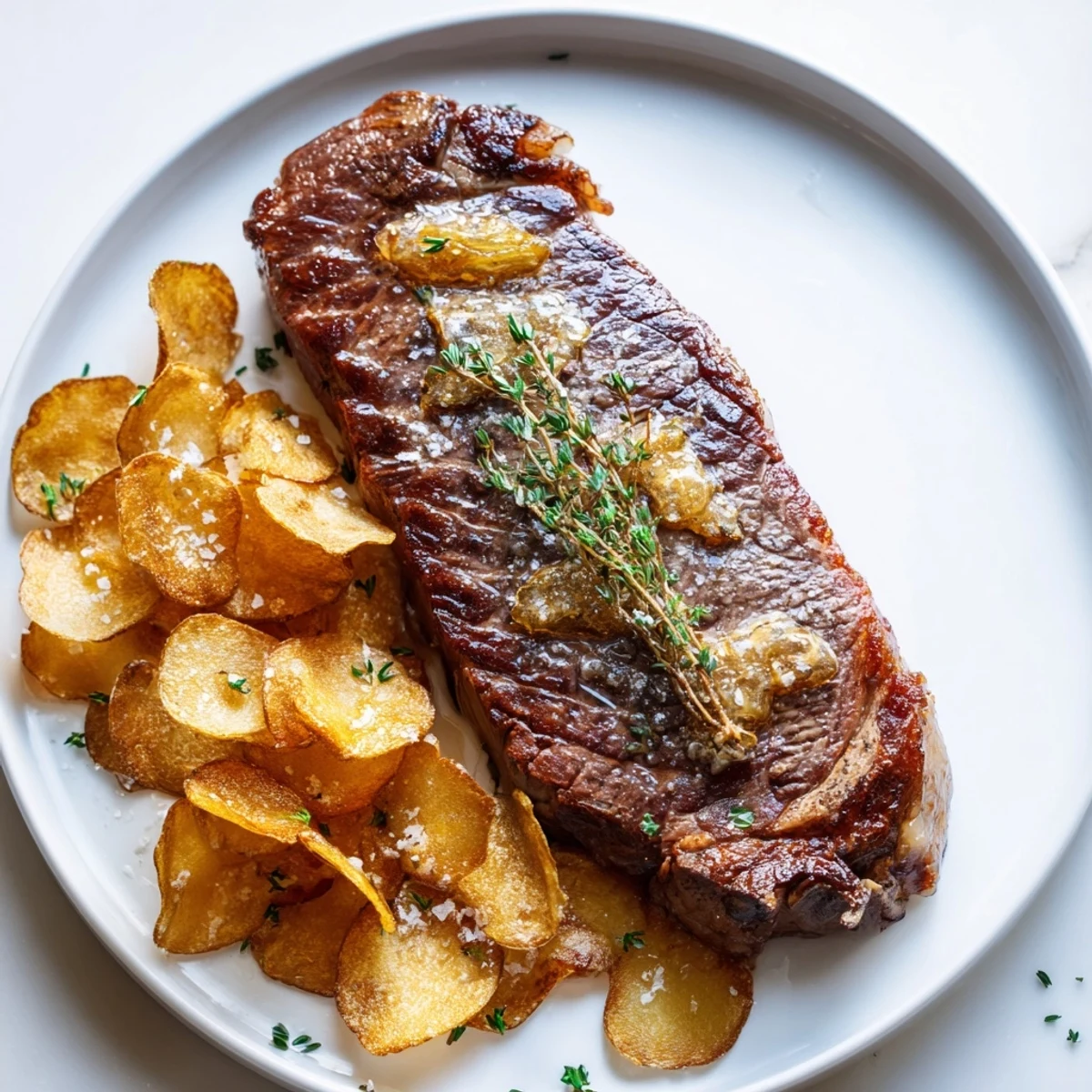 Mouthwatering Beef Steak with Chips, seared to perfection, served with golden, salty potato chips.