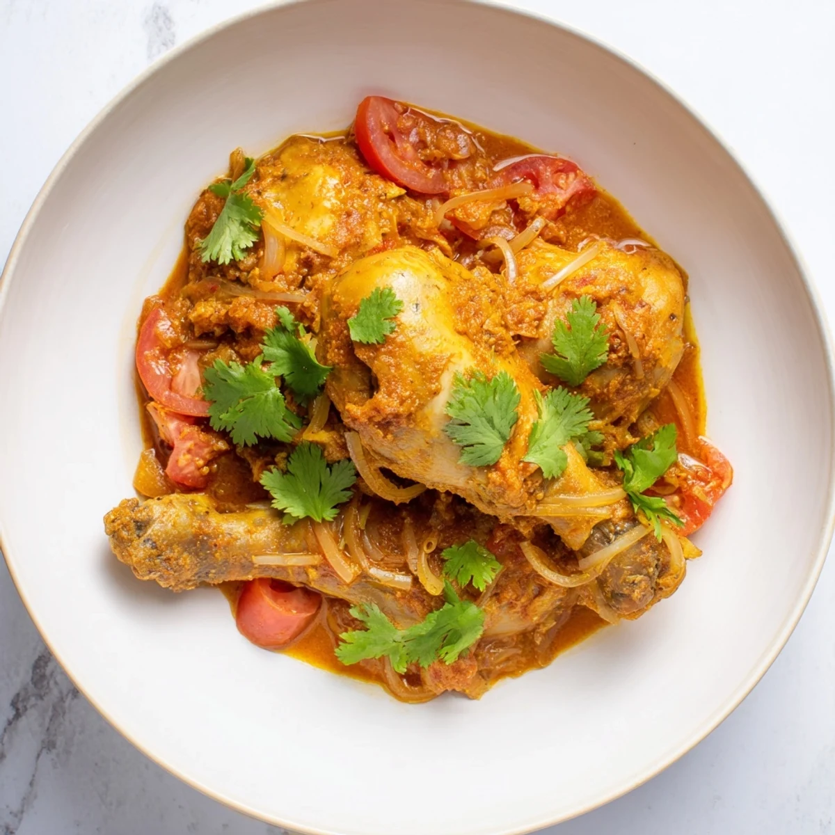 Tender slow cooked chicken curry, rich in color and aroma, ready for a comforting meal.