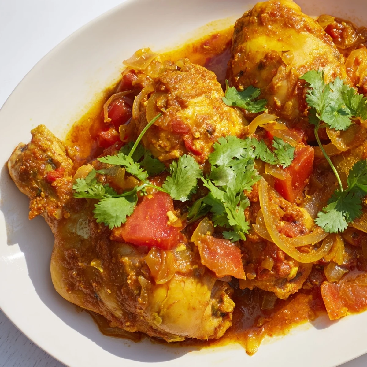 This satisfying slow cooked chicken curry boasts a vibrant sauce and pieces of fall-apart tender chicken.