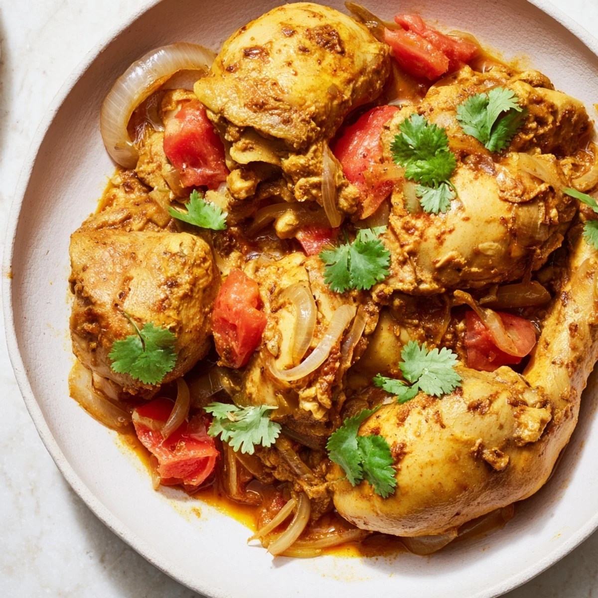 Enjoy a steaming bowl of fragrant slow cooked chicken curry, perfectly seasoned and ready to eat.