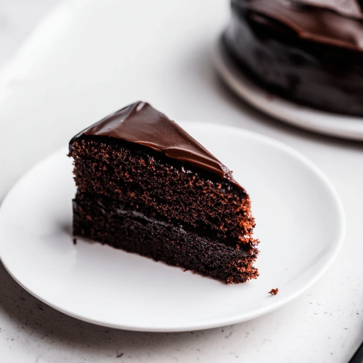 Moist dark chocolate cake, coated in rich ganache, ready to serve for a special occasion.