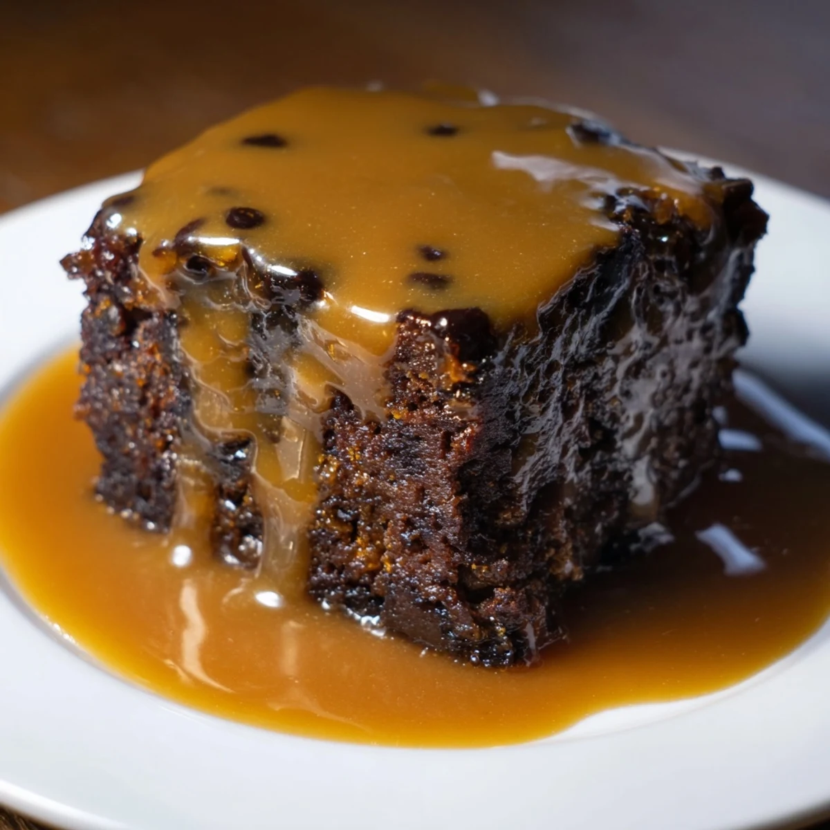 A steaming square of Sticky Toffee Pudding, drenched in glistening toffee sauce, ready to eat.