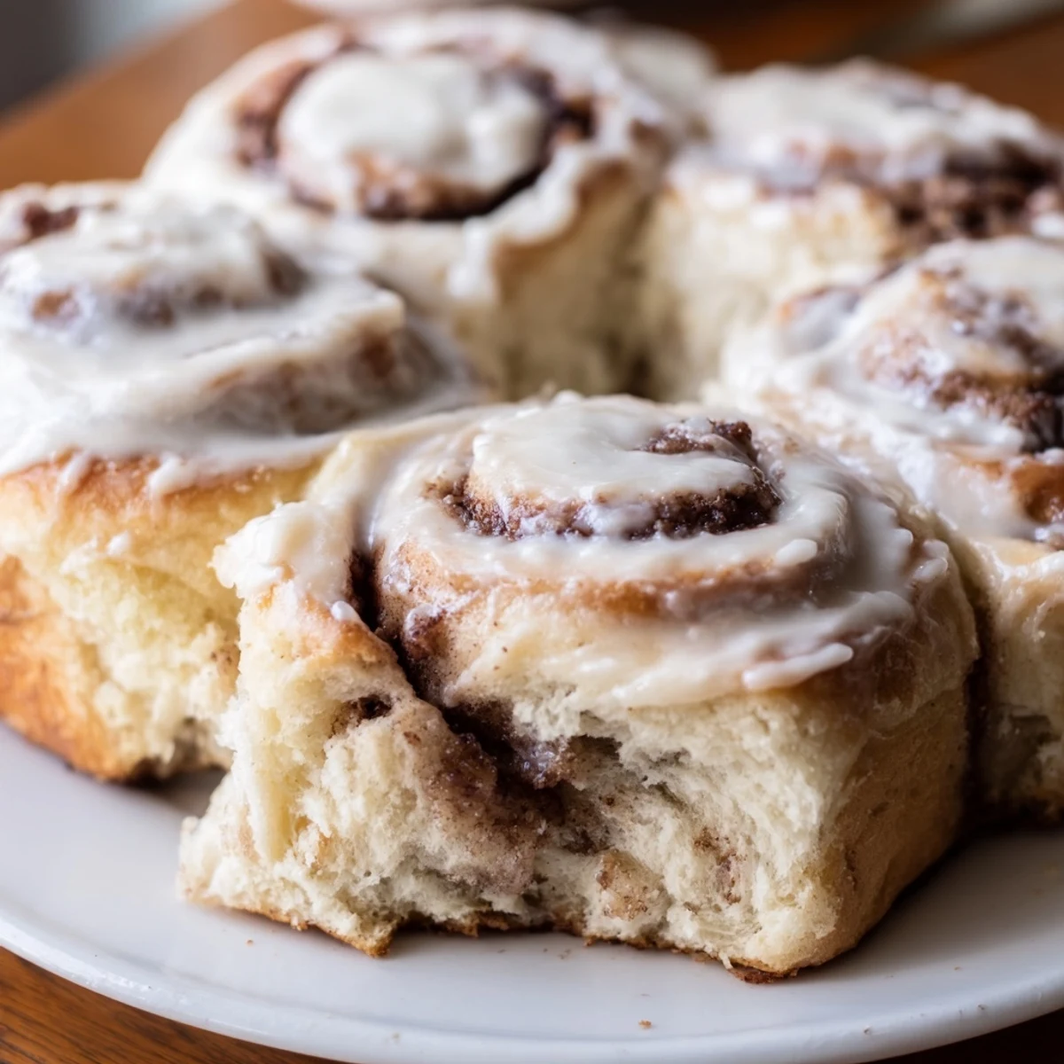 A close-up of soft, fluffy cinnamon rolls, layered with cinnamon sugar, waiting to be iced.