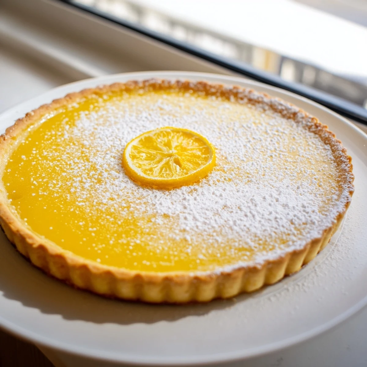 Golden-crusted Fresh Lemon Tart with a glistening, smooth lemon curd filling, ready to serve and enjoy.